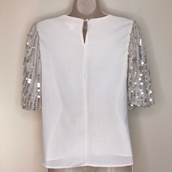 Miami Sequin Puffy Bubble Sleeve Ivory Cream Round Neck Blouse Women's Size XS - Picture 3 of 12